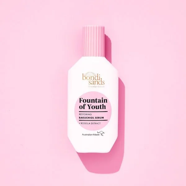 Bondi Sands Fountain of Youth Serum on pink background. 