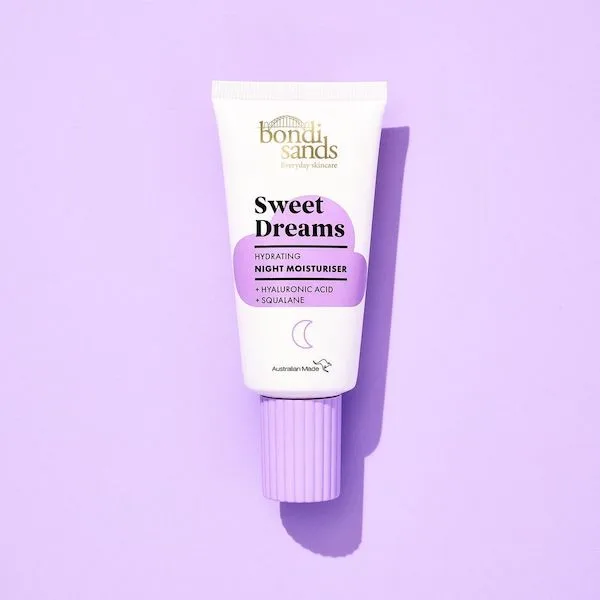 Bondi Sands Sweet Dreams moisturiser on purple background. 